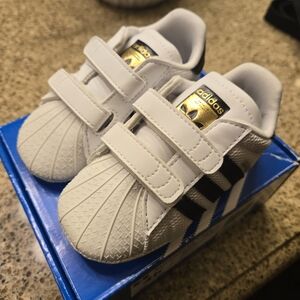 Adidas Kids White and Black Sneakers with Gold Accents